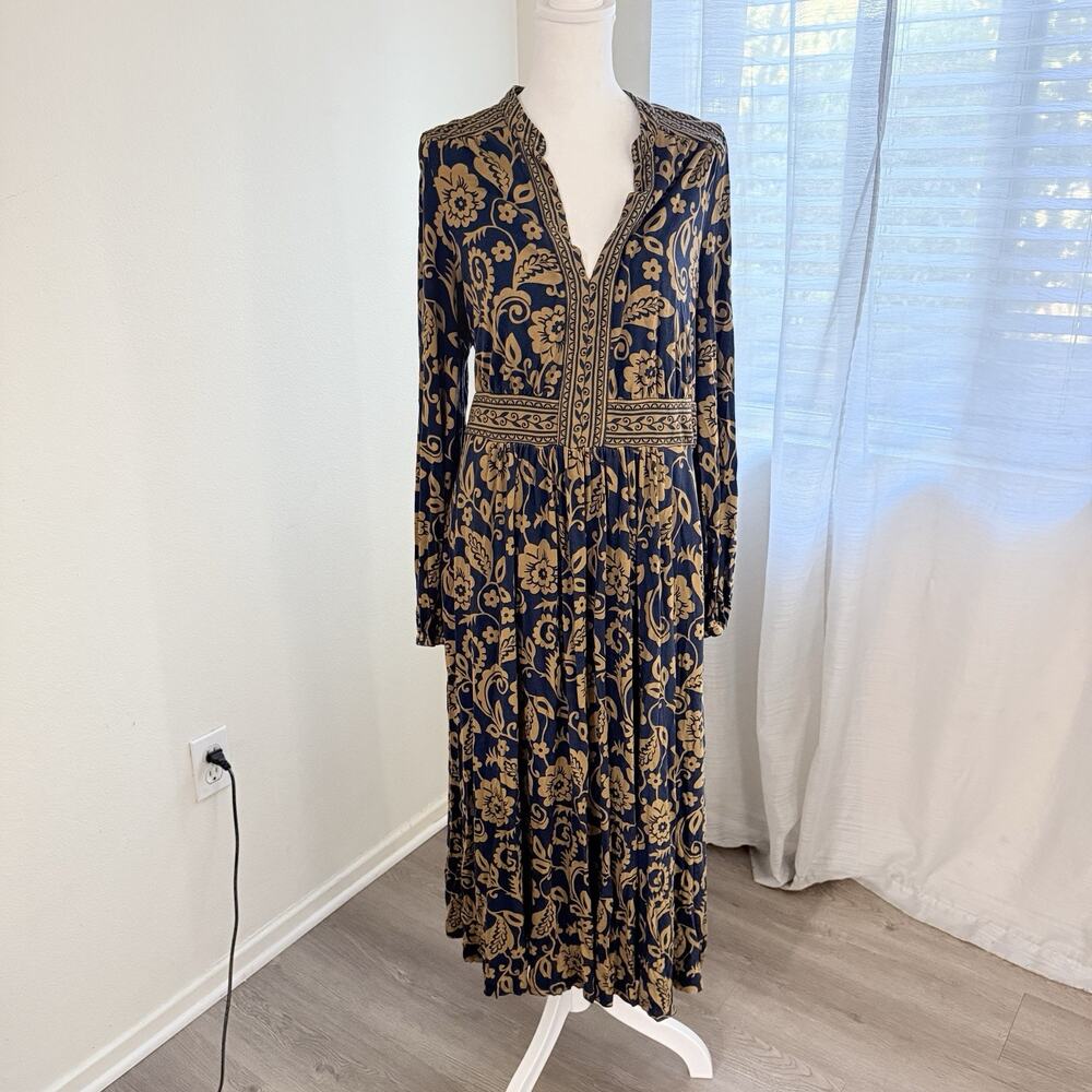 Boden Lily Midi Dress US 16-18R Navy Brown Floral Boho Jersey Fall Stretch